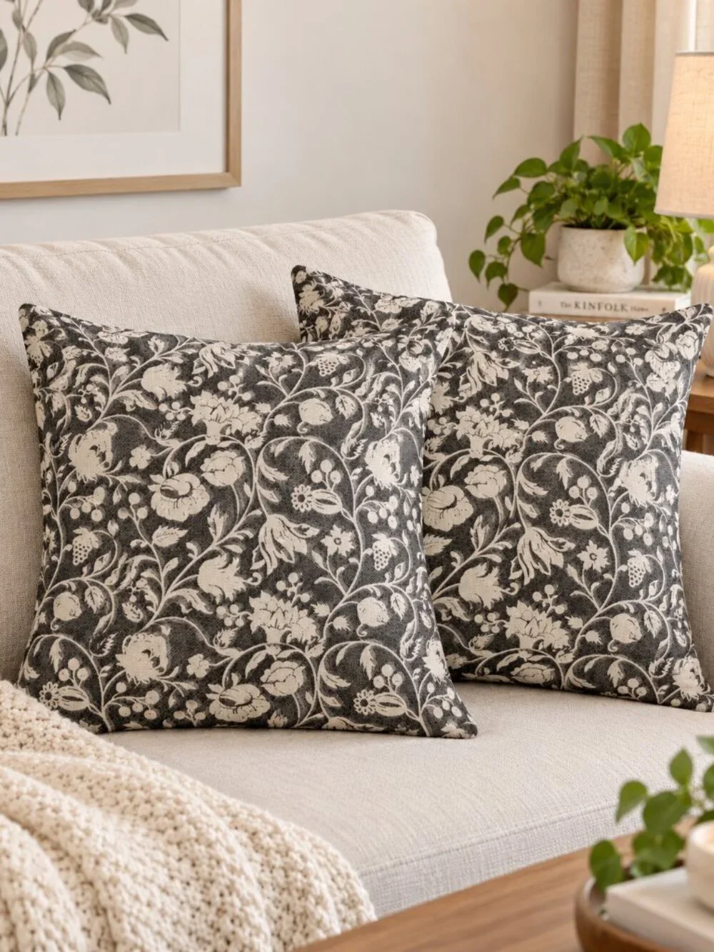 Set of 2 Floral Pillow Covers Gray Ivory 18x18